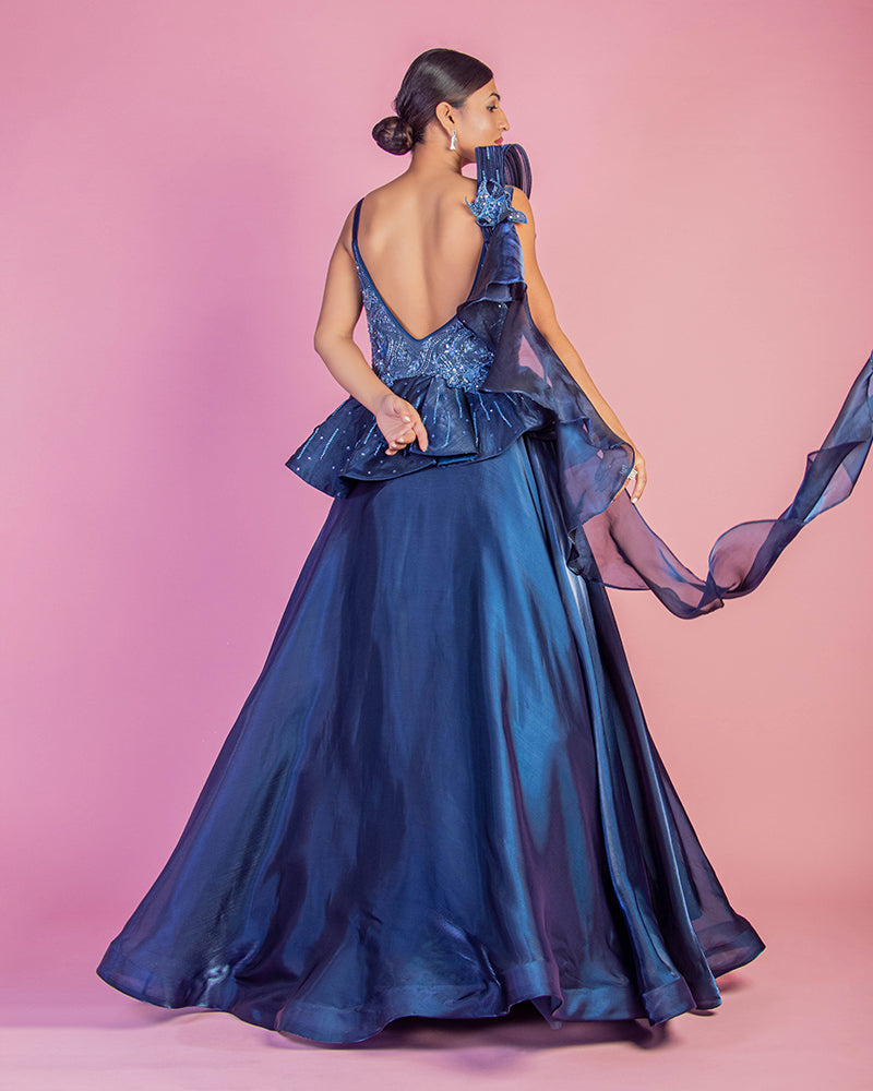 Navy Blue Satin Floral Embroidered Designer Gown