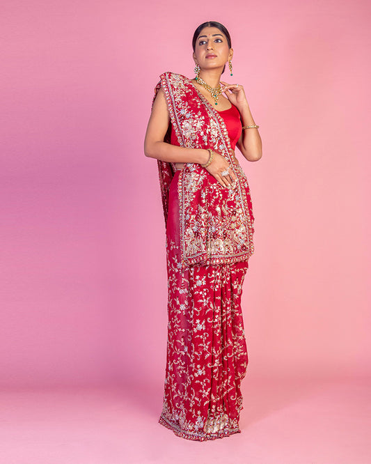 Red Heavy Embroidered Premium Georgette saree for bride