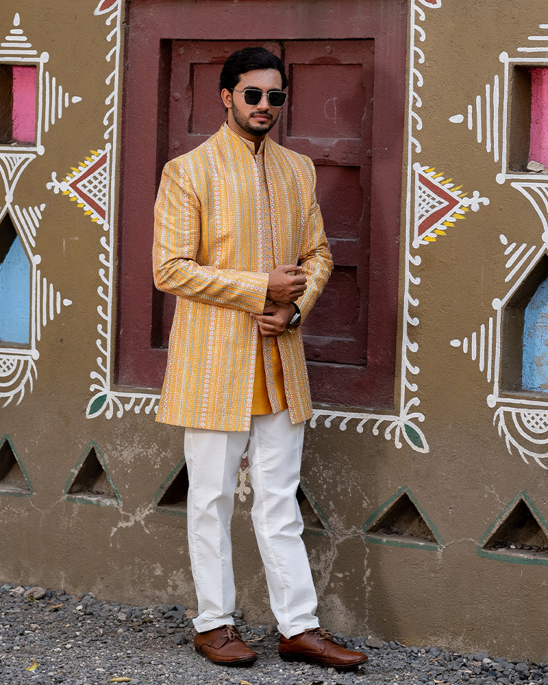 Light Yellow Embroidered Jacket with Kurta Set