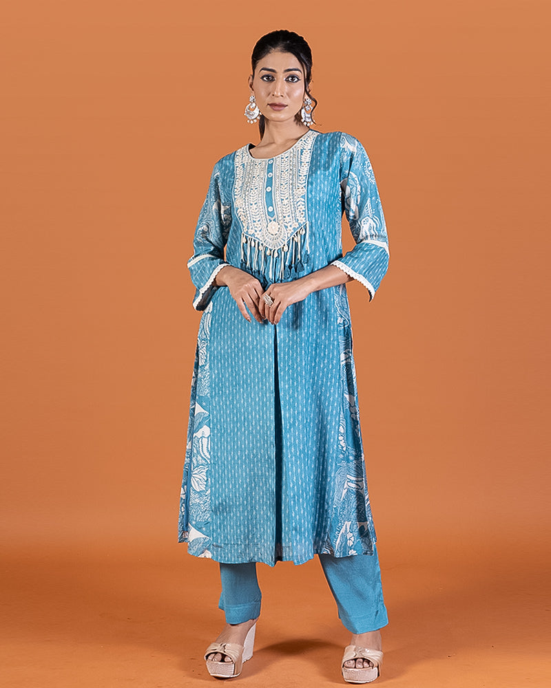 Blue Embroider Embellished Kurta and Pant Set