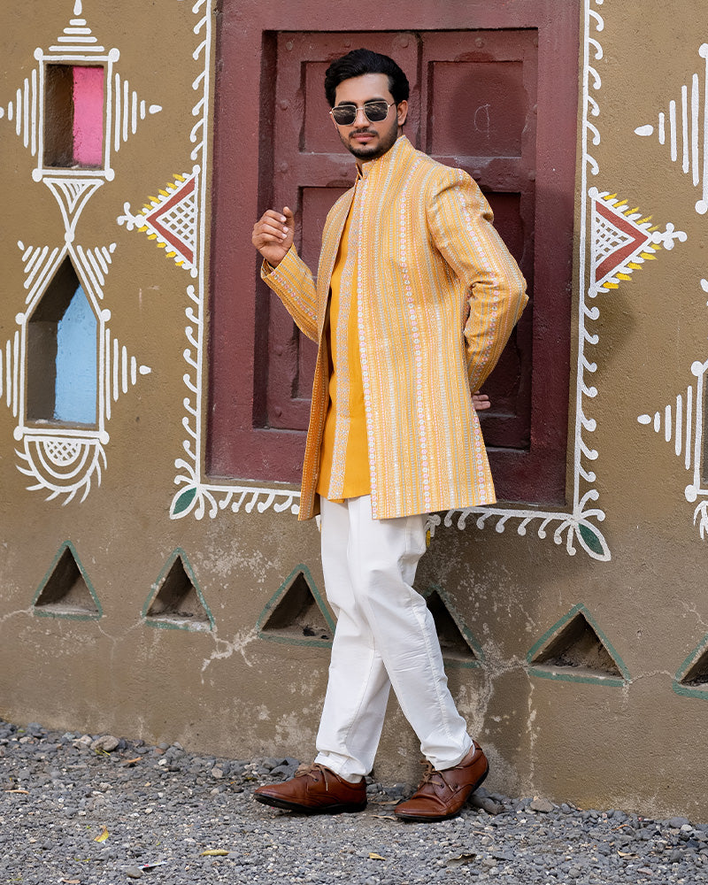 Light Yellow Embroidered Jacket with Kurta Set