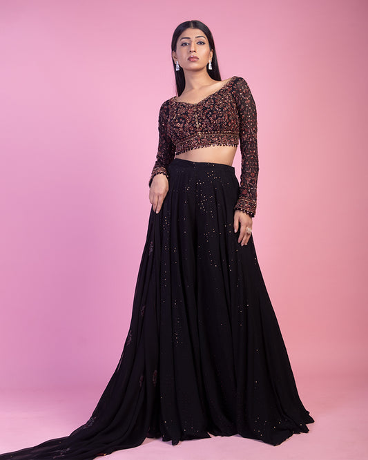 Black Floral Embroidered CropTop palazzo With Dupatta