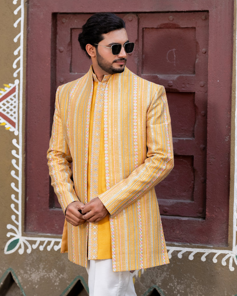 Light Yellow Embroidered Jacket with Kurta Set