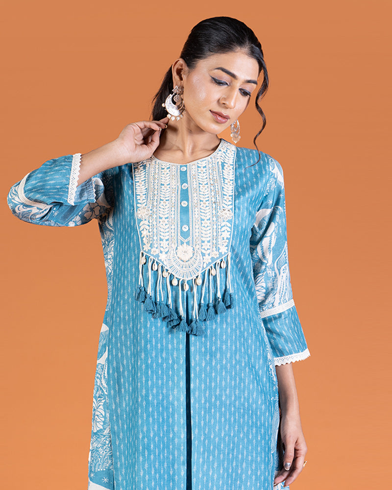 Blue Embroider Embellished Kurta and Pant Set