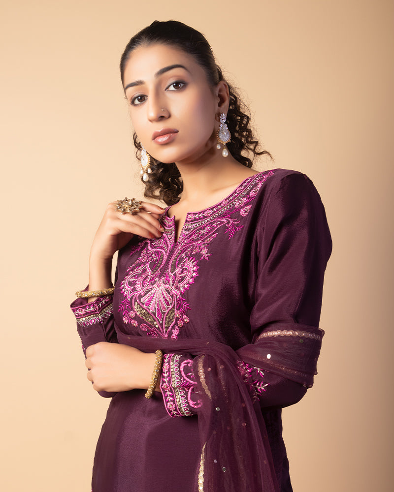 Wine Thread Floral Embroidered Kurti Palazzo Suit With Dupatta