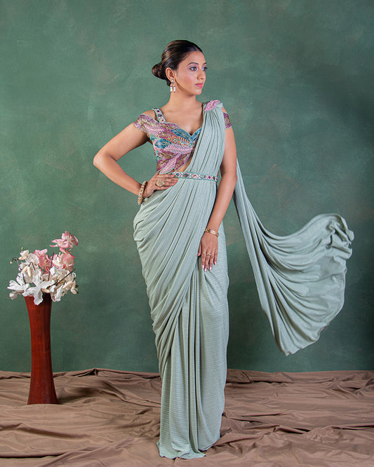 Olive Green Ready to wear Saree with Designer Blouse