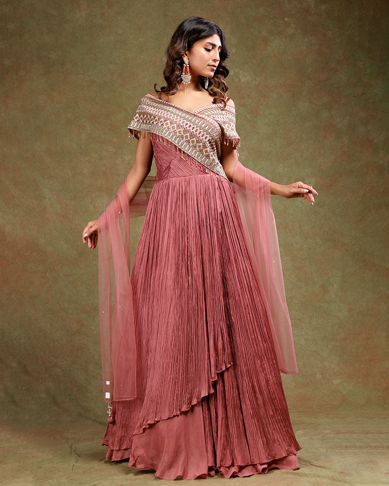 Rose Gold Off Shoulder Floor Length Designer Gown