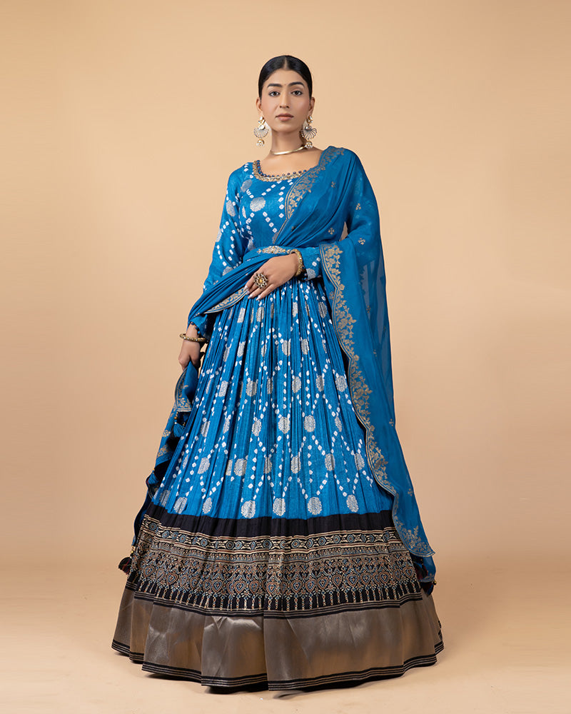 Aqua Blue Anarkali Suit with Printed Bottom Golden Bottom