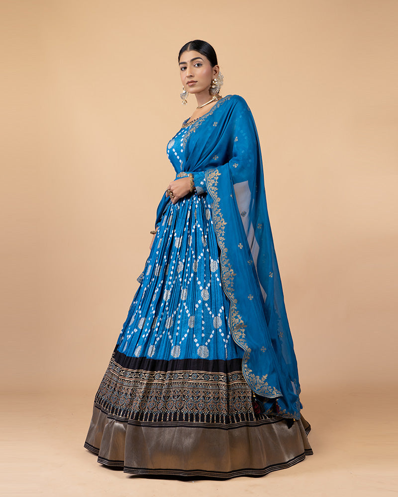 Aqua Blue Anarkali Suit with Printed Bottom Golden Bottom