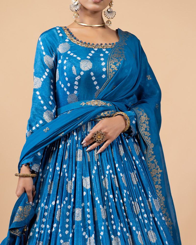 Aqua Blue Anarkali Suit with Printed Bottom Golden Bottom