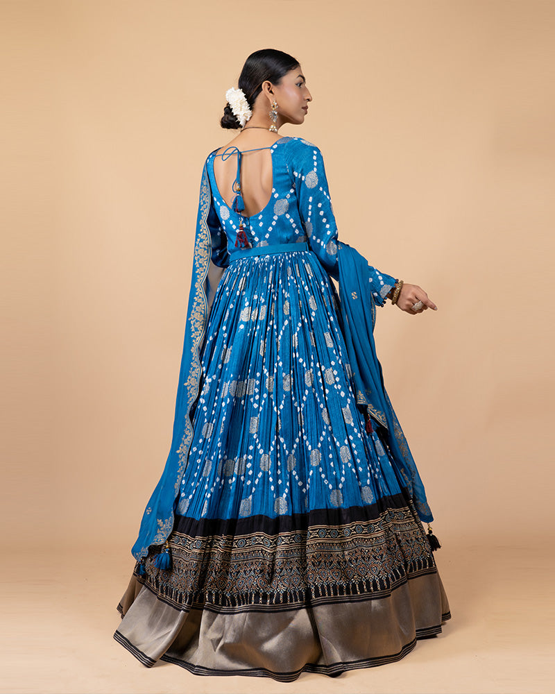 Aqua Blue Anarkali Suit with Printed Bottom Golden Bottom