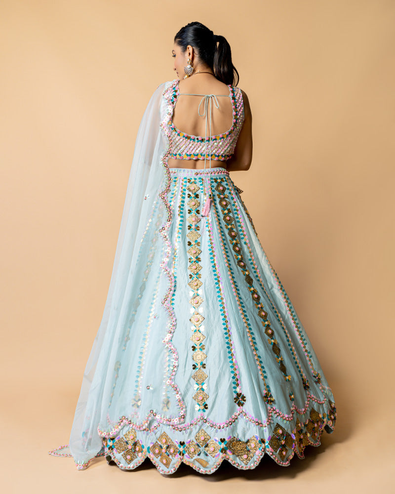 Aqua Blue Lehenga with Cute Pink Choli with Net Dupatta