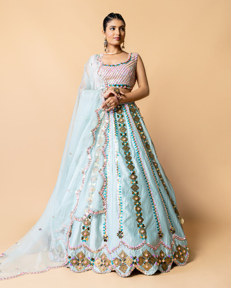 Aqua Blue Lehenga with Cute Pink Choli with Net Dupatta