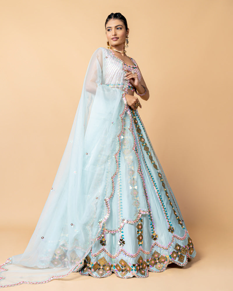 Aqua Blue Lehenga with Cute Pink Choli with Net Dupatta