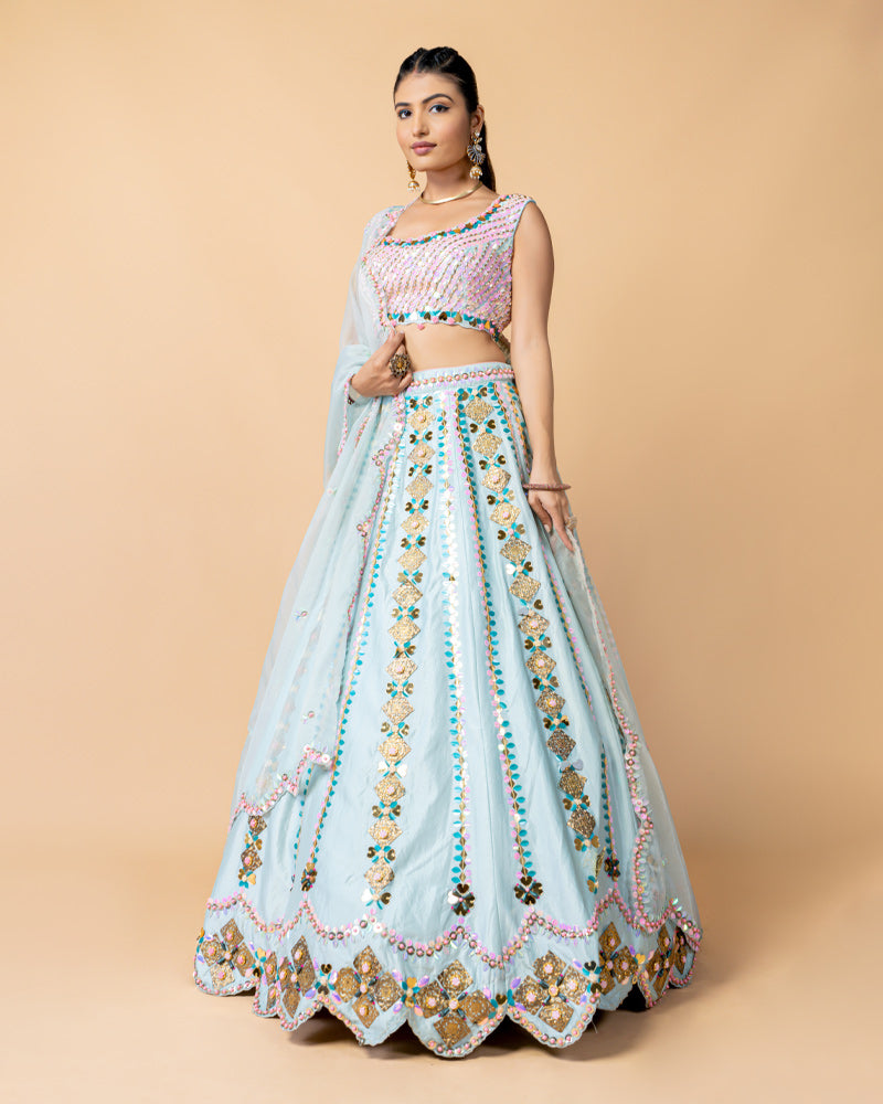 Aqua Blue Lehenga with Cute Pink Choli with Net Dupatta