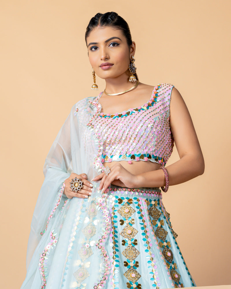 Aqua Blue Lehenga with Cute Pink Choli with Net Dupatta