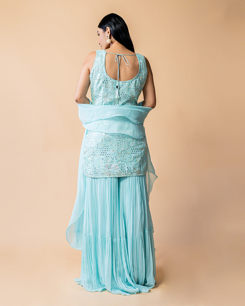 Aqua Blue Palazzo Suit with Mirror work and Net Dupatta