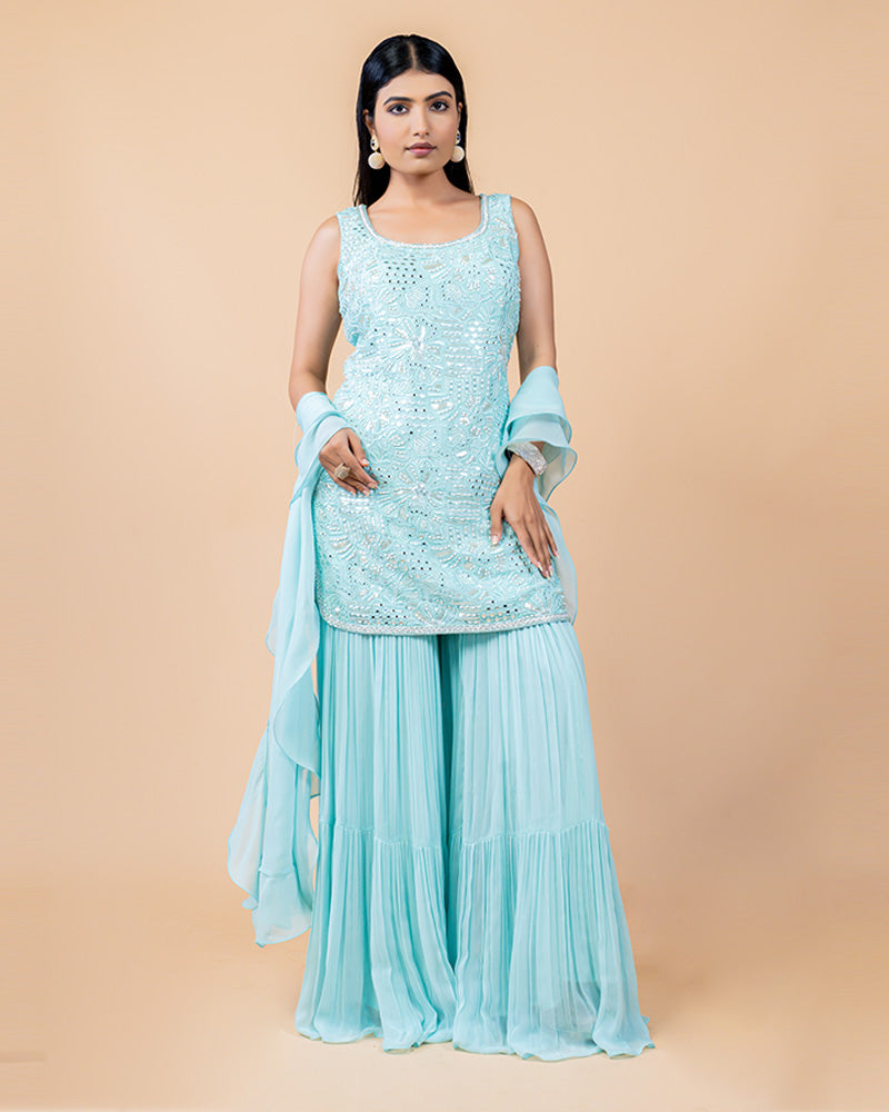 Aqua Blue Palazzo Suit with Mirror work and Net Dupatta