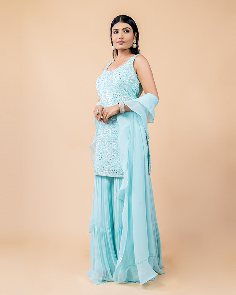 Aqua Blue Palazzo Suit with Mirror work and Net Dupatta