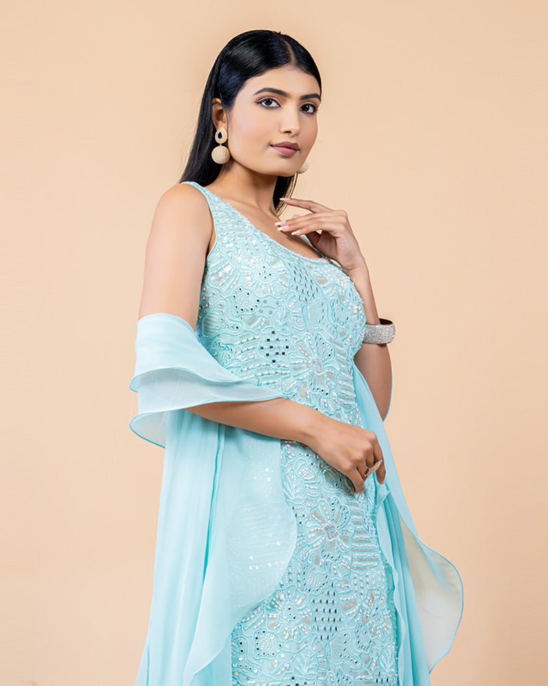 Aqua Blue Palazzo Suit with Mirror work and Net Dupatta