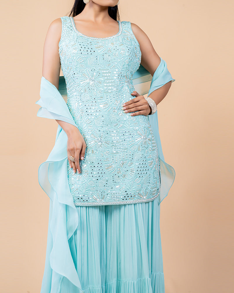 Aqua Blue Palazzo Suit with Mirror work and Net Dupatta