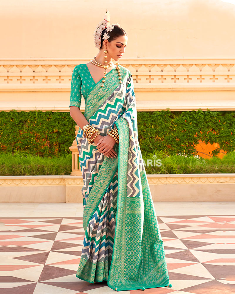 Aqua Green Printed Silk Saree with Unstitched Blouse 01