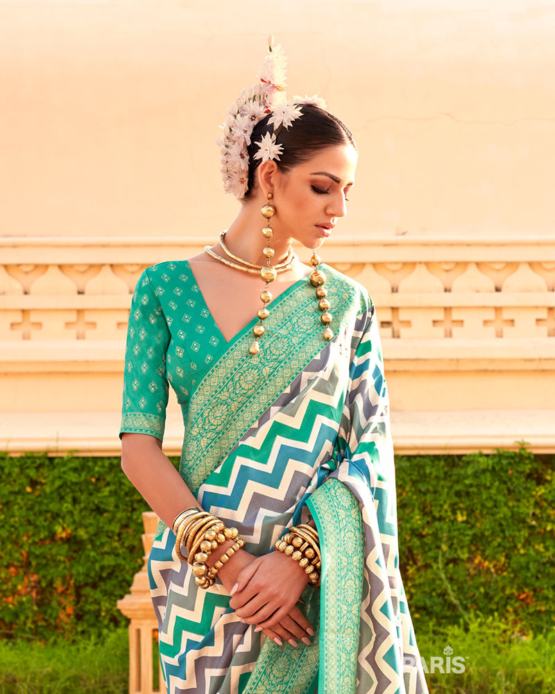 Aqua Green Printed Silk Saree with Unstitched Blouse 02