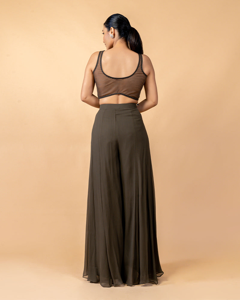 Army Green Palazzo with Crop top and Full Length Shrug