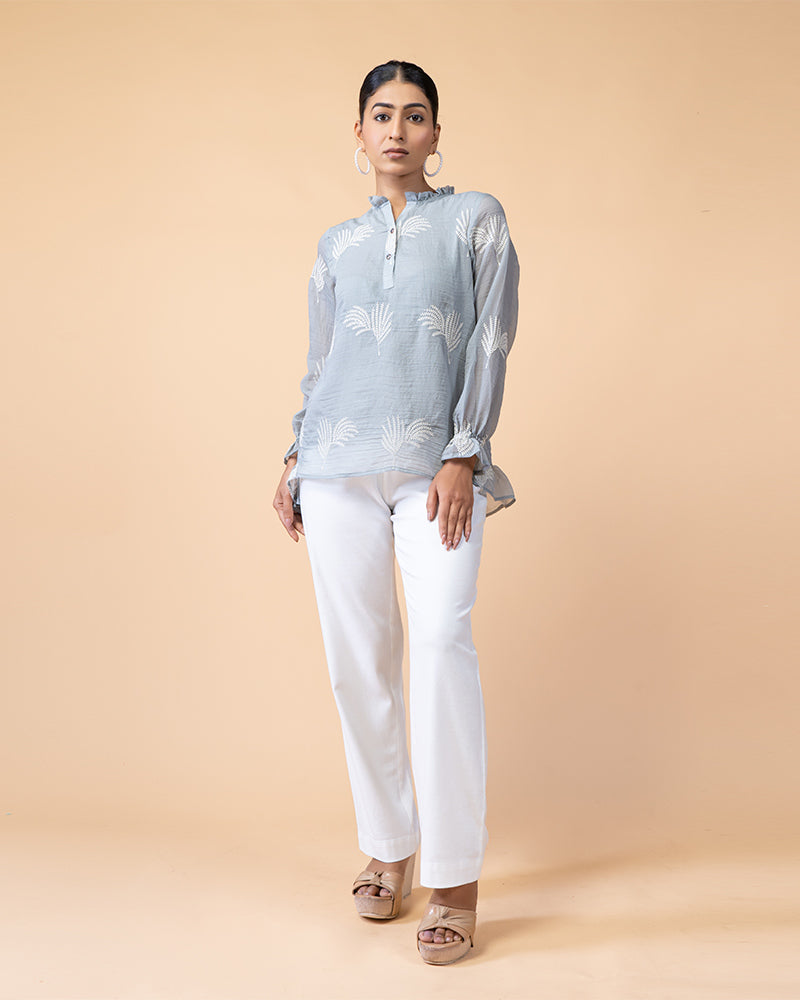 Artisan Cotton Embroidery Top with Flowing Peasant Sleeves