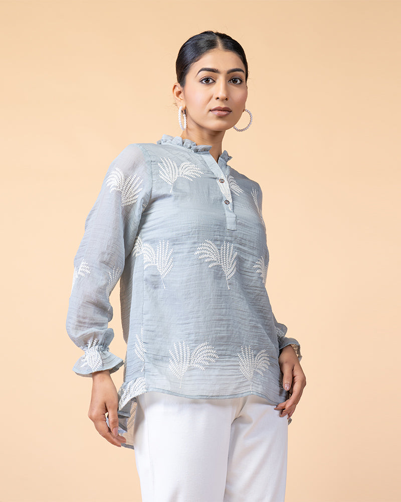 Artisan Cotton Embroidery Top with Flowing Peasant Sleeves