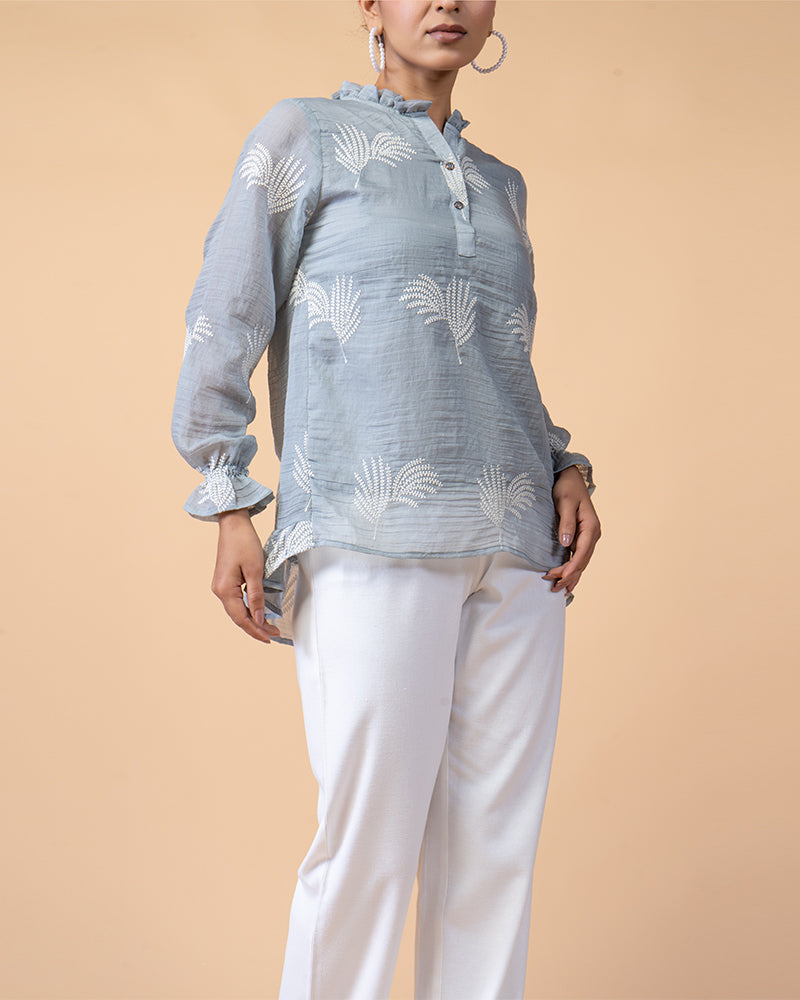 Artisan Cotton Embroidery Top with Flowing Peasant Sleeves