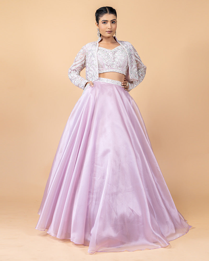 Baby Pink Lehenga with Crop Top and Short Jacket