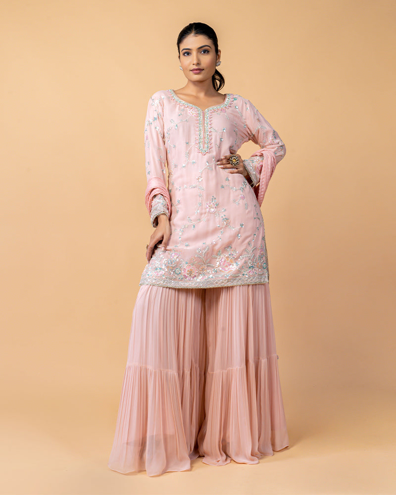 Baby Pink Palazzo Suit with Chiffon Dupatta