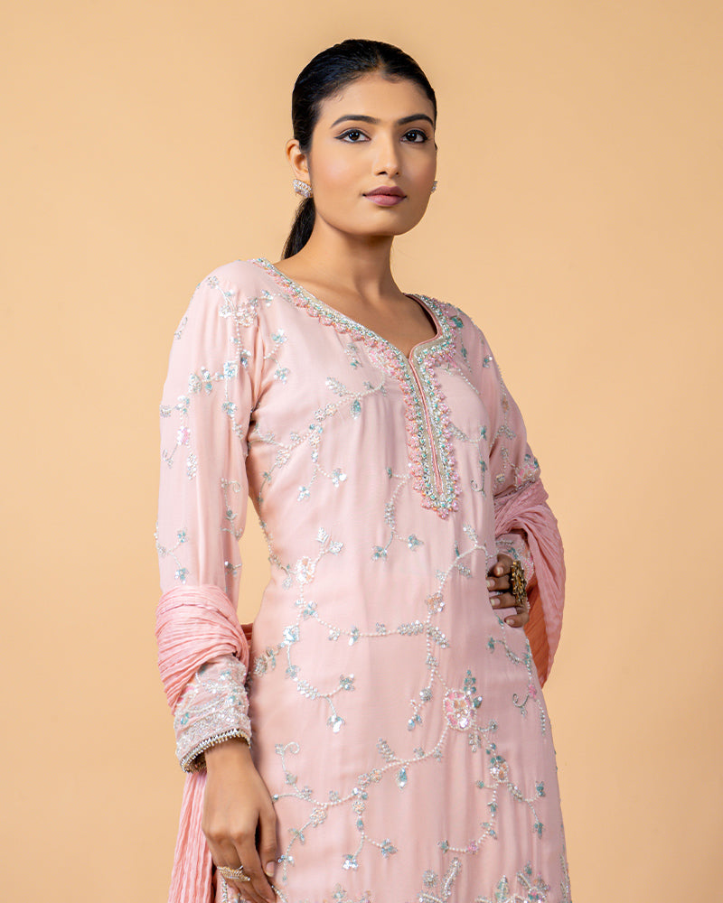 Baby Pink Palazzo Suit with Chiffon Dupatta