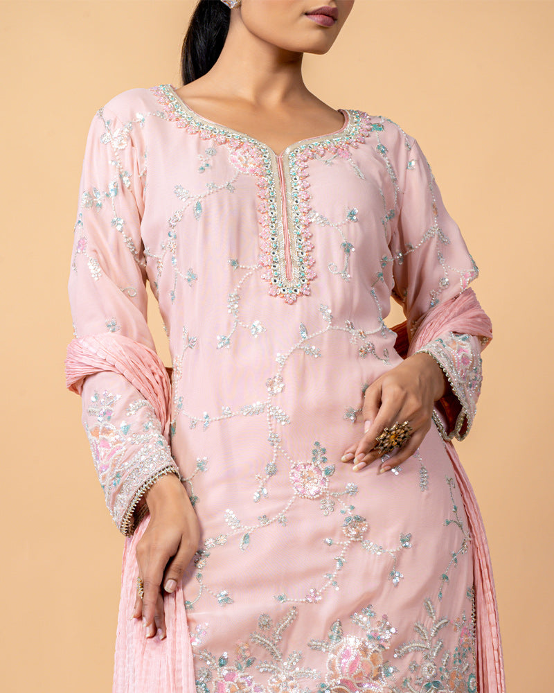 Baby Pink Palazzo Suit with Chiffon Dupatta