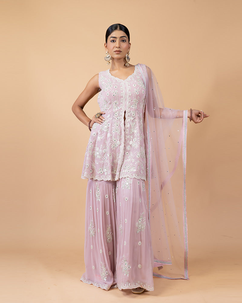 Baby Pink Palazzo with Peplum Kurta and Net Dupatta