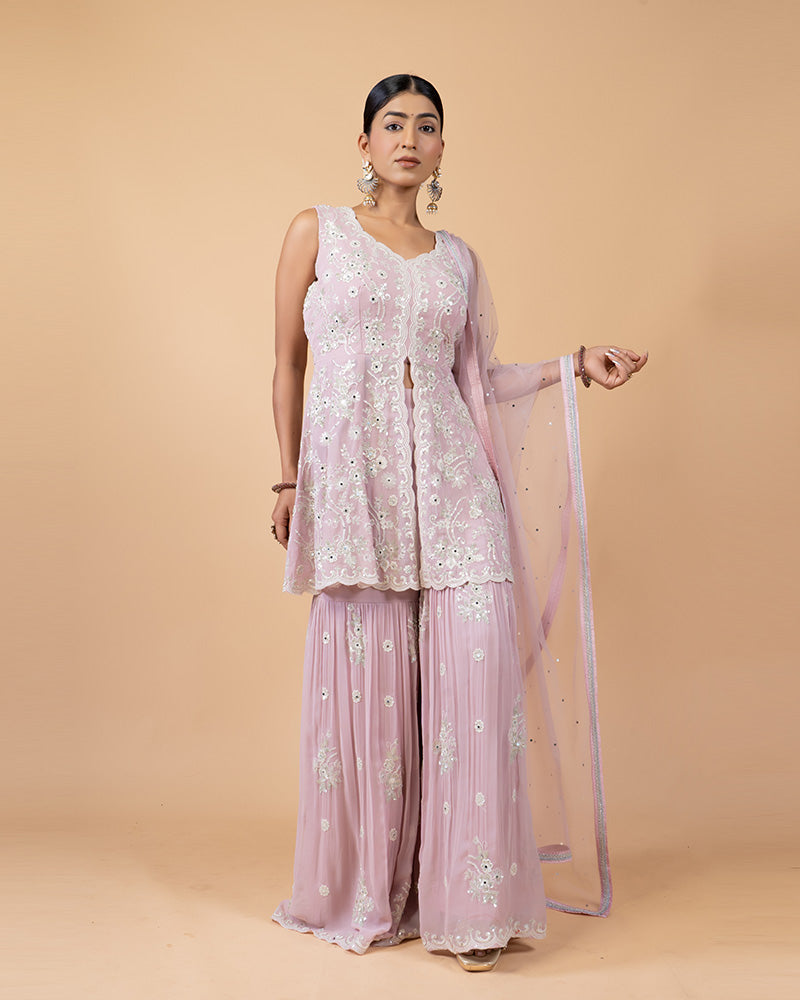 Baby Pink Palazzo with Peplum Kurta and Net Dupatta