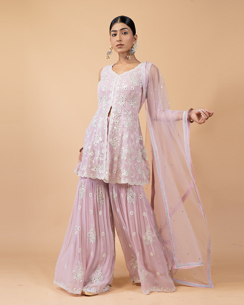 Baby Pink Palazzo with Peplum Kurta and Net Dupatta