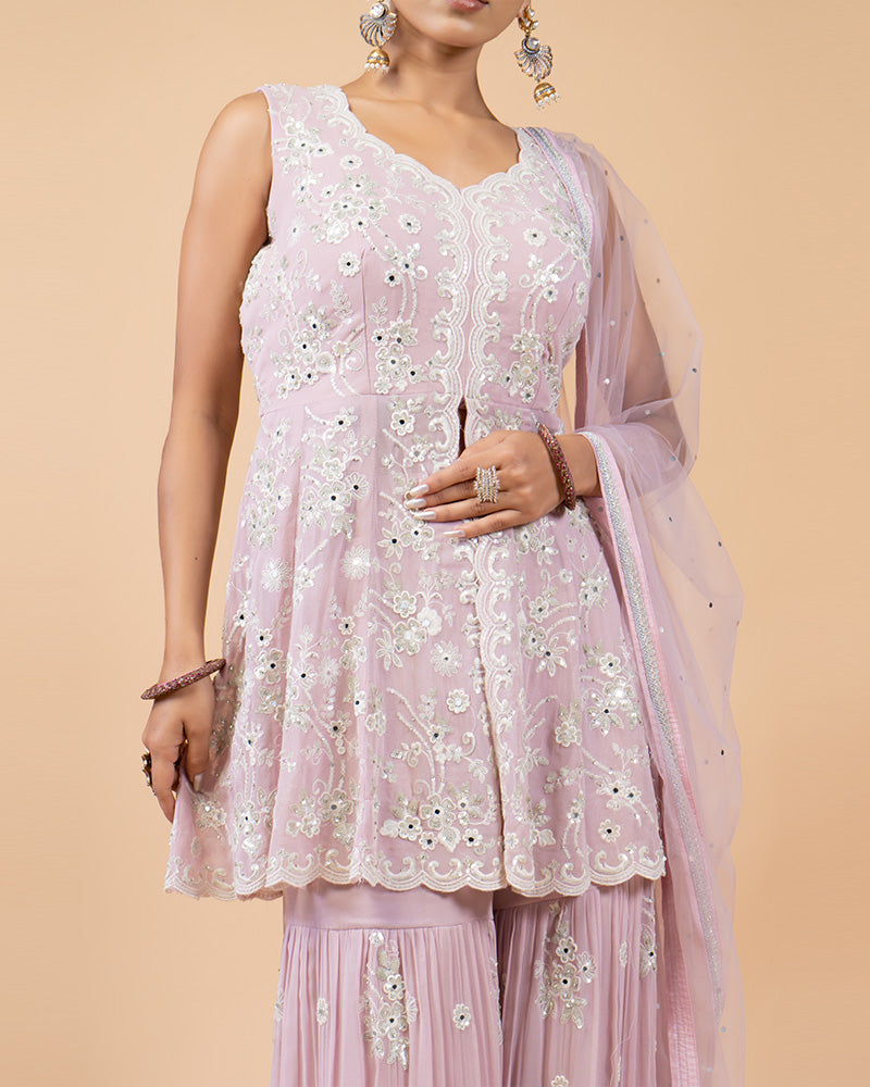 Baby Pink Palazzo with Peplum Kurta and Net Dupatta