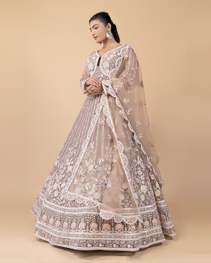 Beige Hand Embellished Net Lehenga with Dupatta