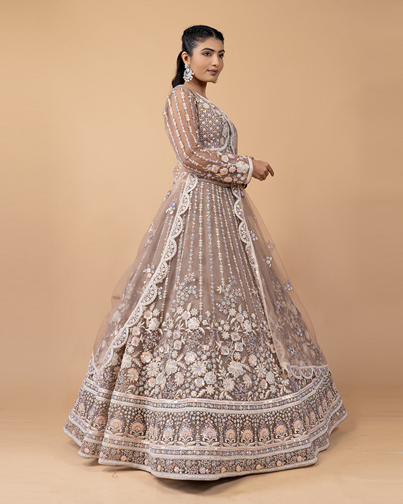 Beige Hand Embellished Net Lehenga with Dupatta