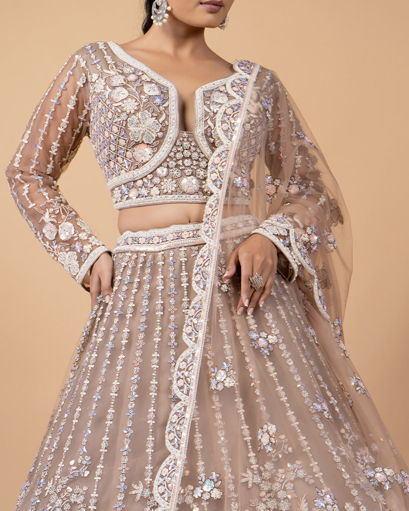 Beige Hand Embellished Net Lehenga with Dupatta