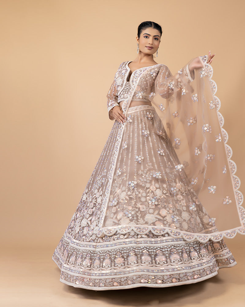 Beige Hand Embellished Net Lehenga with Dupatta