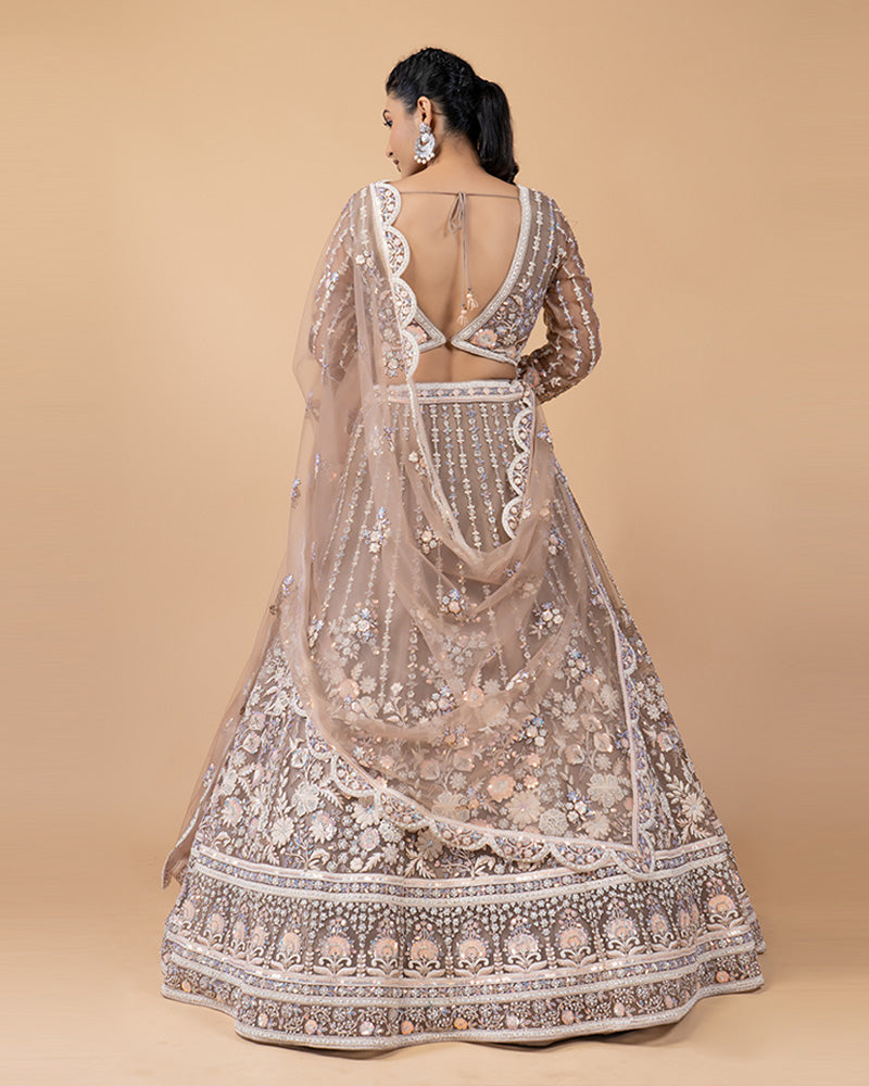 Beige Hand Embellished Net Lehenga with Dupatta