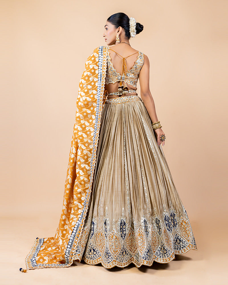 Beige Lehenga with Gota Patti work Choli and Contrast Dupatta