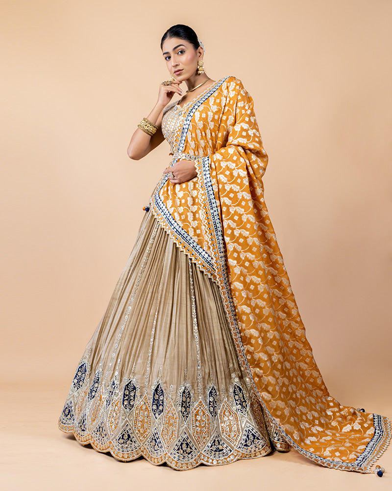 Beige Lehenga with Gota Patti work Choli and Contrast Dupatta