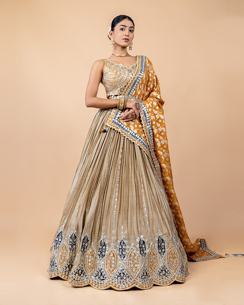 Beige Lehenga with Gota Patti work Choli and Contrast Dupatta