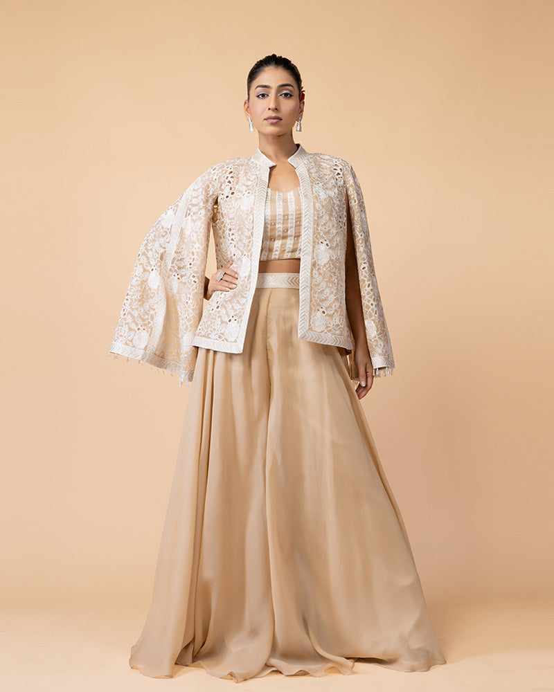 Beige Palazzo with Crop Top and Cut Work Jacket