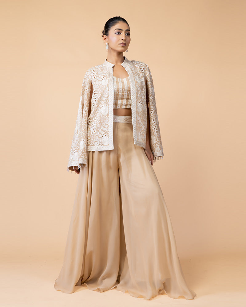 Beige Palazzo with Crop Top and Cut Work Jacket