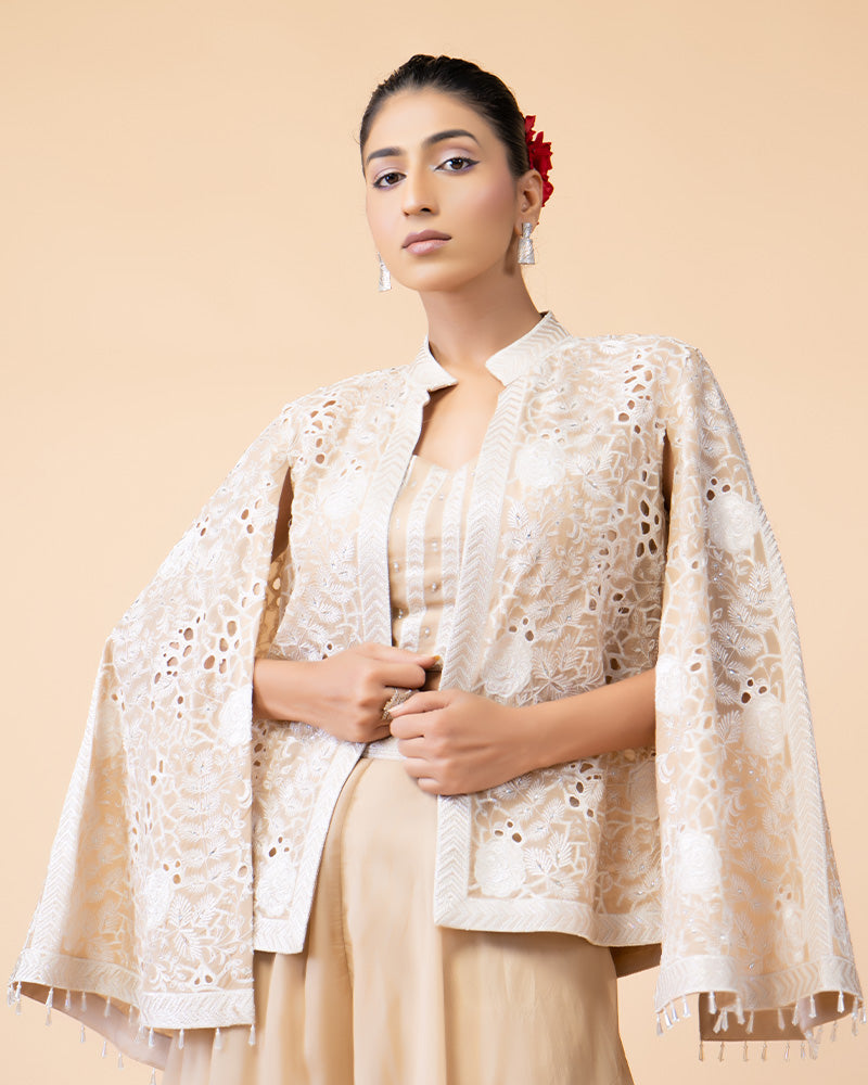 Beige Palazzo with Crop Top and Cut Work Jacket